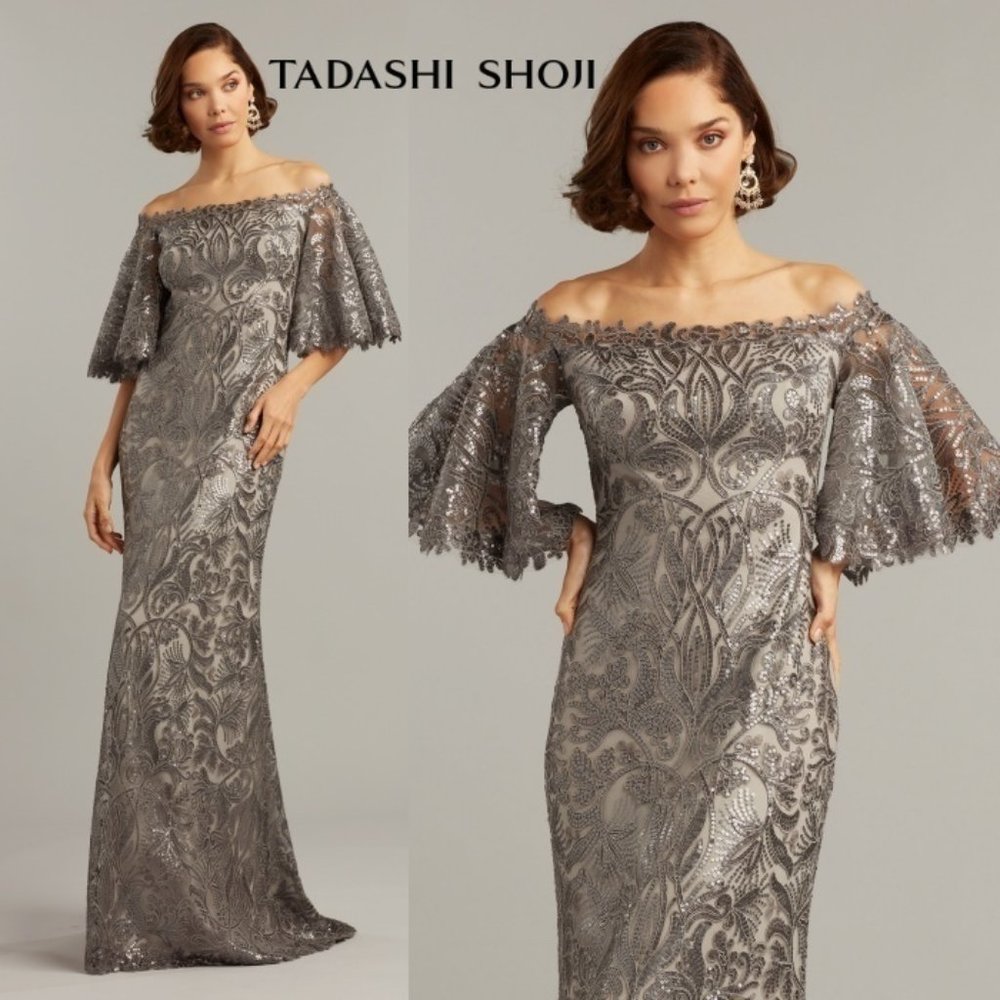 NWT Tadashi Shoji ASHIA Sequin Off the shoulder Gown Dress Mist Silver Size 2